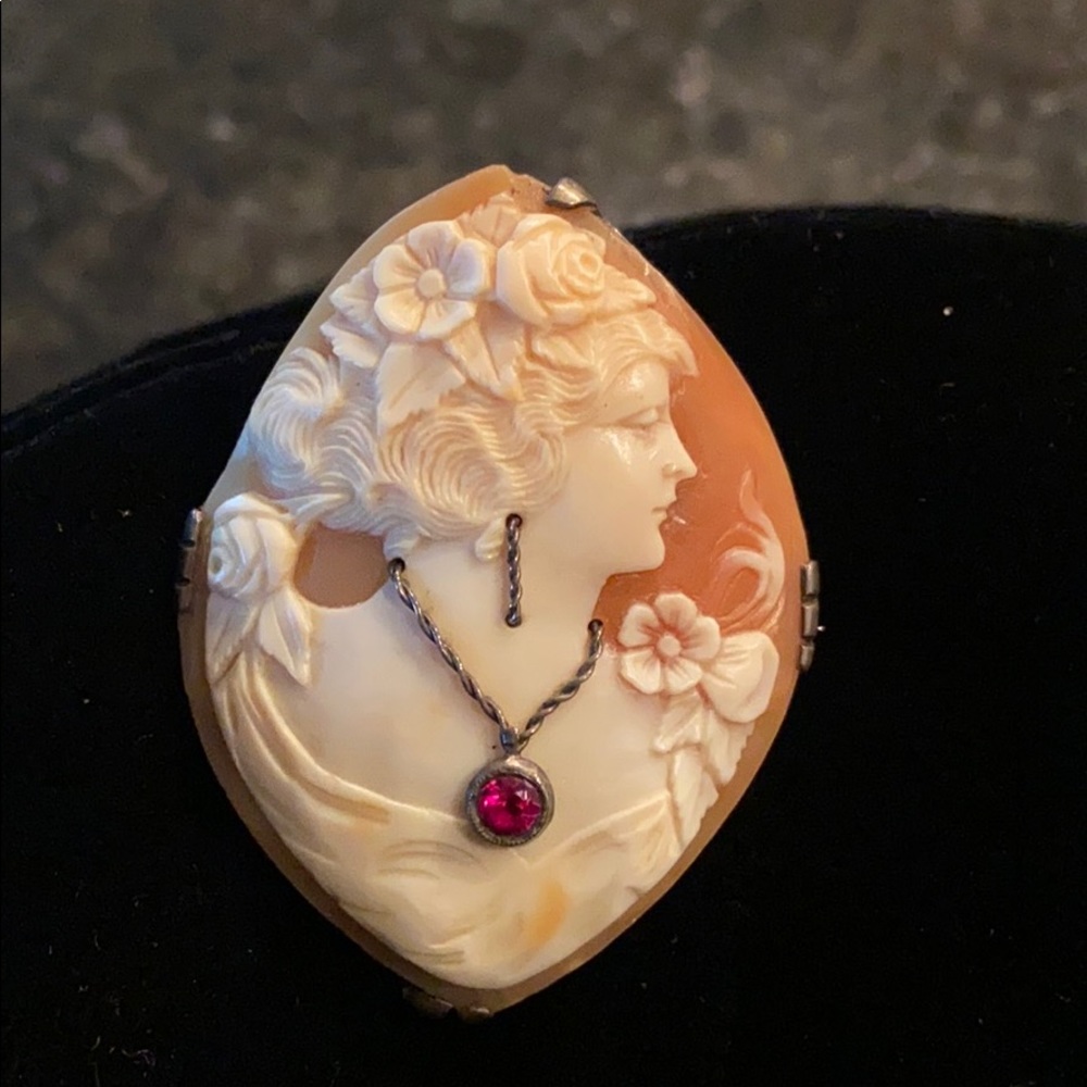Vintage Carved Shell Cameo Brooch with Red Stone. Sterling Pin Backing